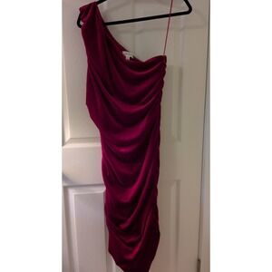 TAHARI ASL Single Strap Soft Rouched Crushed Velvet Midi Dress Red Garnet Sz 14